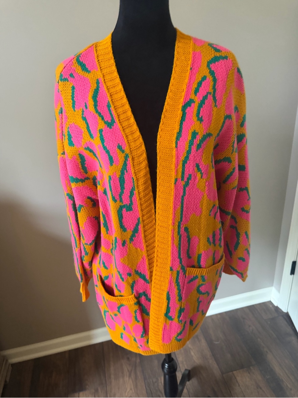 Umgee Bright Pink & Orange Leopard Print Open Long Cardigan Medium